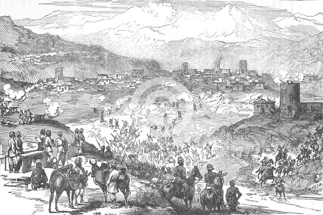 'Attack on an Afreedi Town', c1880. Artist: Unknown.