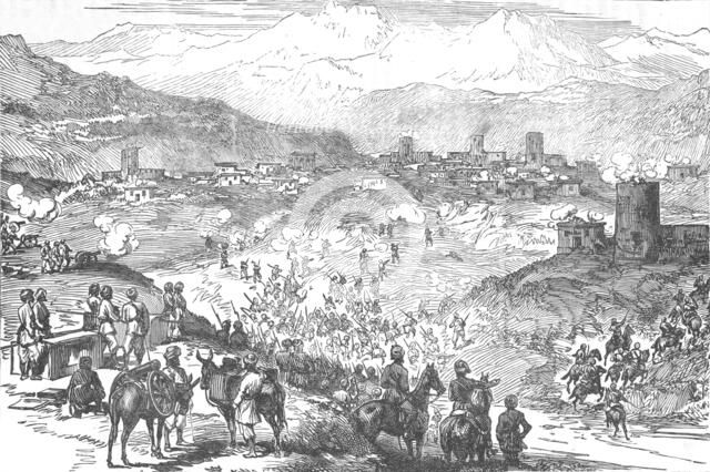 'Attack on an Afreedi Town', c1880. Artist: Unknown.