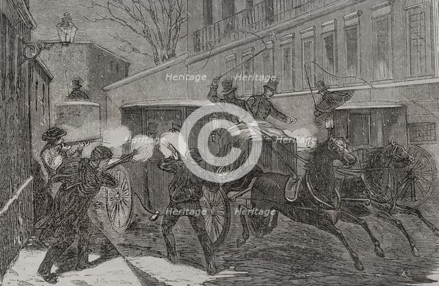 Attack on General Prim (1814-1870) in calle del Turco (Turk Street) Madrid on 27 Dec 1870 (1871).  Creator: Unknown.