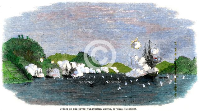 'Attack on the Dutch war-steamer 'Medusa', opposite Simonoseki', Japan, 1863. Artist: Unknown