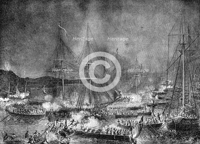 Attack on the French invasion flotilla at Boulogne, France, 15-16 August 1801 (1882-1884). Artist: Unknown