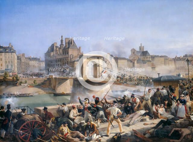 Attack on the Hotel de Ville and Combat on the Pont d’Arcole, July 28, 1830. Artist: Bourgeois, Amédée (1798-1837)