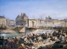 Attack on the Hotel de Ville and Combat on the Pont d’Arcole, July 28, 1830. Artist: Bourgeois, Amédée (1798-1837)