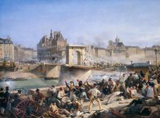Attack on the Hotel de Ville and Combat on the Pont d’Arcole, July 28, 1830. Artist: Bourgeois, Amédée (1798-1837)