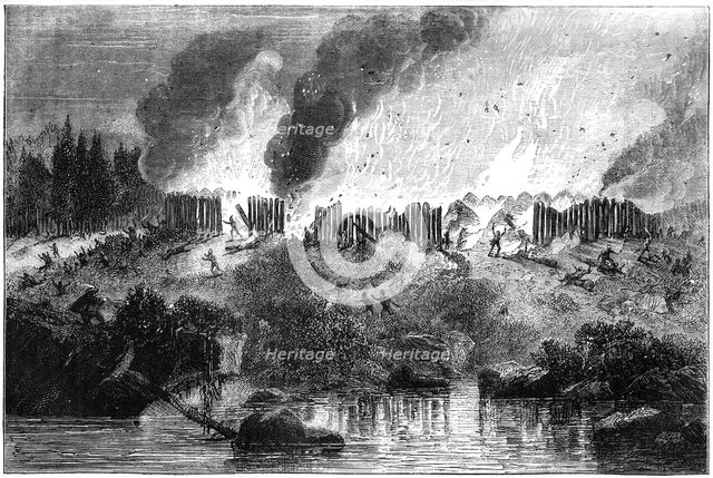 Attack on the Pequot Fort, 1637 (c1880). Artist: Unknown