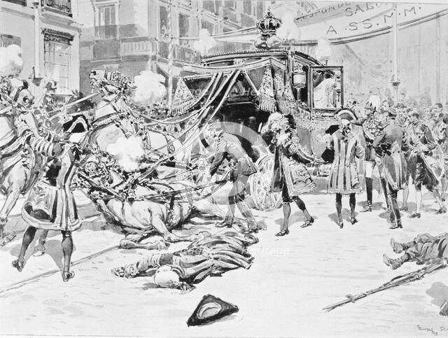 Attack against Alfonso XIII, King of Spain (1886-1941). the day of his wedding, engraving of L'Il…