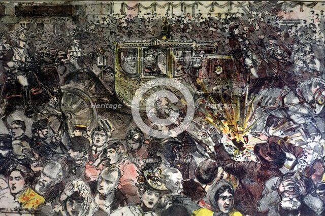 Attack against the Kings of Spain, Alphonse XIII and Victoria Eugenia at the exit of their weddin…