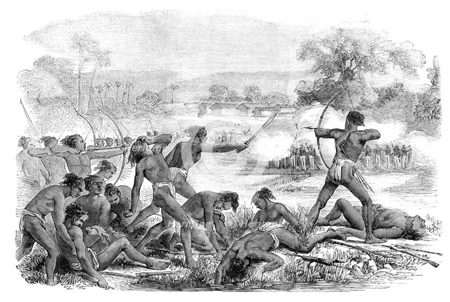 Attack by 600 Santhals upon a party of 50 Sepoys, 40th Regiment Native Infantry, 1856.  Creator: Unknown.