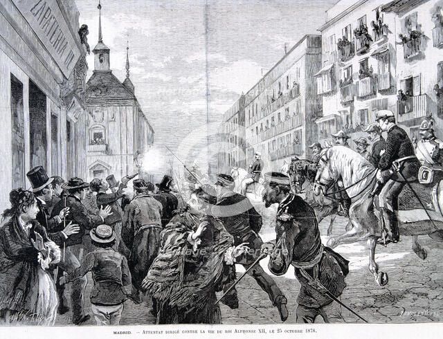 Attack in Madrid against King Alphonse XII. 25 Oct. 1878, engraving in the 'Illustration'.