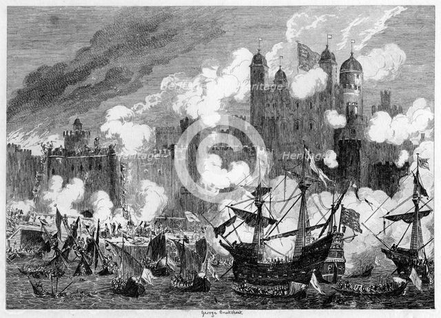 Attack upon Saint Thomas's Tower by the Duke of Suffolk, 1554 (1840).Artist: George Cruikshank