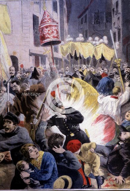 Attempt at the exit of a procession in the Church of Santa Maria del Mar in Barcelona in 1896, il…