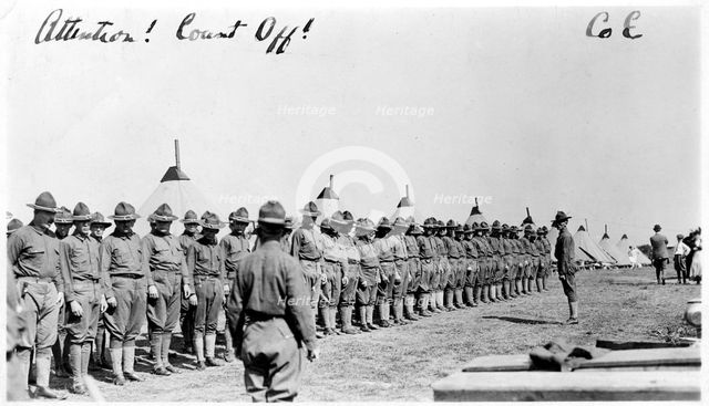 'Attention! Count Off!'; soldiers at Fort Sheridan, Illinois, USA, 1920. Artist: Unknown
