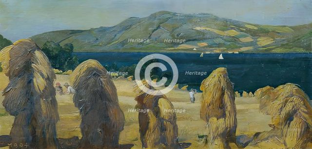 Attersee landscape with haystacks, 1904. Creator: Anton Josef von Kenner.