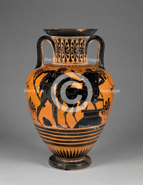Attic Black-Figure Neck Amphora; Storage Jar with Herakles Threatening..., about 480-470 or 460 B. C Creator: Group of Würzburg 221.