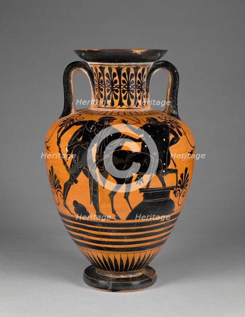 Attic Black-Figure Neck Amphora; Storage Jar with Herakles Threatening..., about 480-470 or 460 B. C Creator: Group of Würzburg 221.