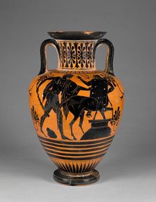 Attic Black-Figure Neck Amphora; Storage Jar with Herakles Threatening..., about 480-470 or 460 B. C Creator: Group of Würzburg 221