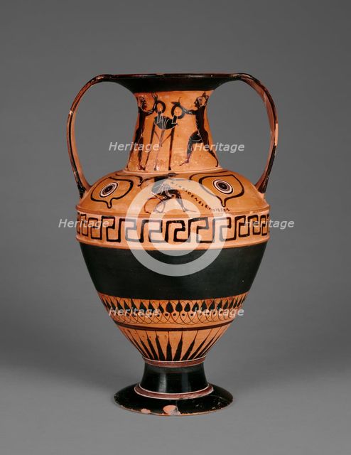 Attic Black-Figure Nikosthenic Amphora with Boxers, about 520 BC. Creators: Painter N, Nikosthenes.