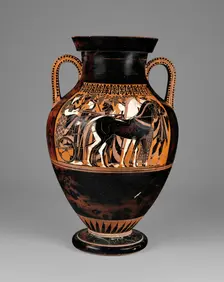 Attic Black-Figure Amphora, 550-530 BC. Creators: Painter of the Vatican Mourner, Exekias