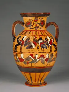 Attic Black-Figure Amphora ("Tyrrhenian"), 555-550 BC. Creator: Pointed Nose Painter