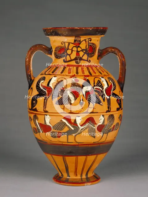 Attic Black-Figure Amphora ("Tyrrhenian"), 555-550 BC.   Creator: Pointed Nose Painter.