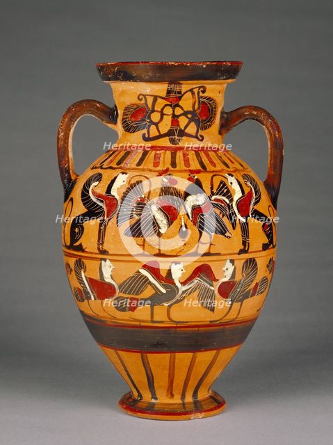 Attic Black-Figure Amphora ("Tyrrhenian"), 555-550 BC.   Creator: Pointed Nose Painter.