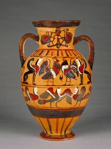 Attic Black-Figure Amphora ("Tyrrhenian"), 555-550 BC. Creator: Pointed Nose Painter