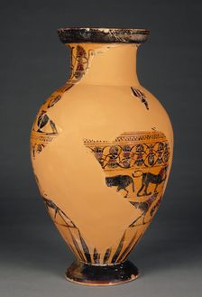 Attic Black-Figure Amphora (Tyrrhenian), 560-555 BC. Creator: Castellani Painter
