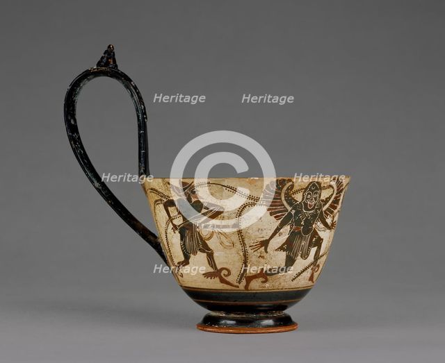 Attic Black-Figure Kyathos (Ladle) with Perseus chasing Gorgons, 510-500 BC. Creator: Theseus Painter.