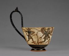 Attic Black-Figure Kyathos (Ladle) with Perseus chasing Gorgons, 510-500 BC. Creator: Theseus Painter