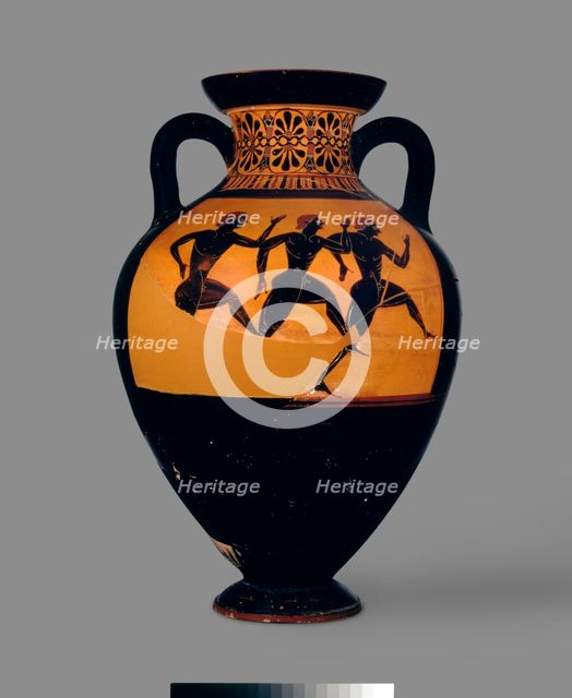 Attic black-figure Panathenaic amphora with depiction of (A) Athena and Hermes between columns crown Artist: Unknown.