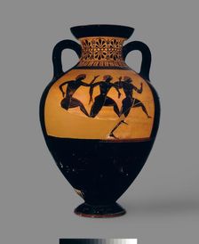 Attic black-figure Panathenaic amphora with depiction of (A) Athena and Hermes between columns crown
