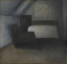Attic room with table and chair. Creator: Hammershøi, Vilhelm (1864-1916)