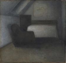 Attic room with table and chair. Creator: Hammershøi, Vilhelm (1864-1916)