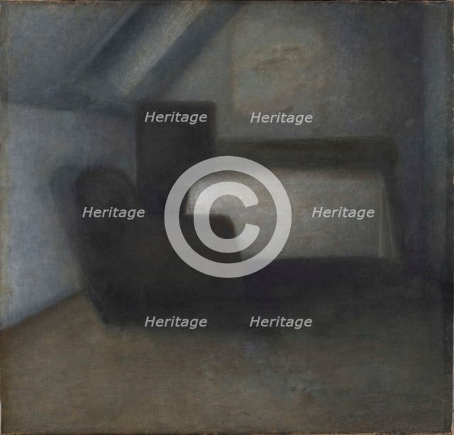 Attic room with table and chair. Creator: Hammershøi, Vilhelm (1864-1916).