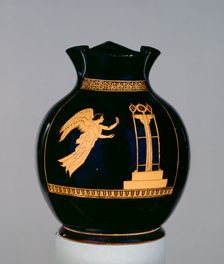 Attic red-figure wine jug (oinochoe), Nike with ribbon flying towards a tripod, 5th century BC, Artist: Calliope Painter