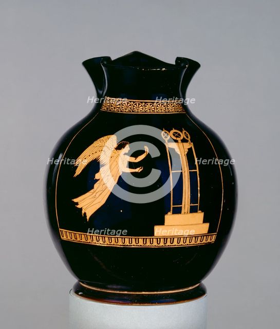 Attic red-figure wine jug (oinochoe), Nike with ribbon flying towards a tripod, 5th century BC, Artist: Calliope Painter.