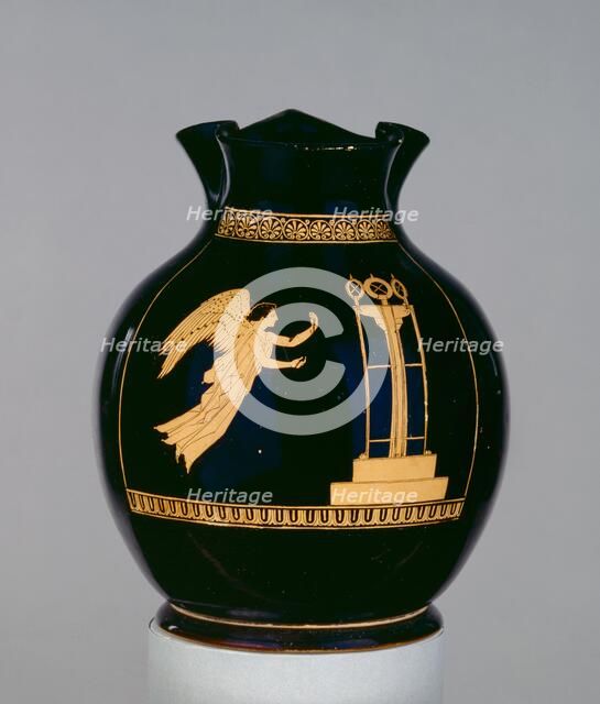 Attic red-figure wine jug (oinochoe), Nike with ribbon flying towards a tripod, 5th century BC, Artist: Calliope Painter.