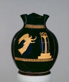 Attic red-figure wine jug (oinochoe), Nike with ribbon flying towards a tripod, 5th century BC, Artist: Calliope Painter