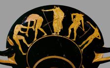 Attic red-figure cup depicting trainer with wrestlers and other athletes, 480 BC. Artist: Antiphon Painter