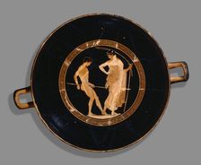 Attic red-figure cup of boy athlete and trainer, 480 BC. Artist: Antiphon Painter