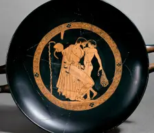Attic red-figure cup showing a seated man with a naked boy, 470BC. Artist: Brygos Painter