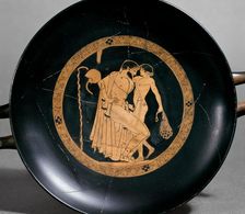 Attic red-figure cup showing a seated man with a naked boy, 470BC. Artist: Brygos Painter