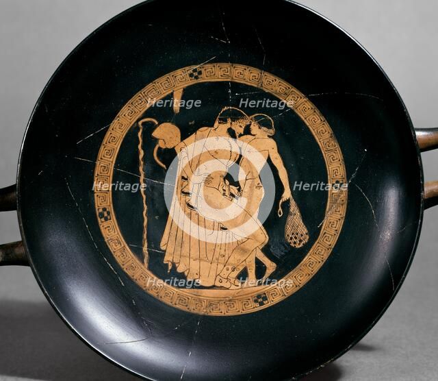 Attic red-figure cup showing a seated man with a naked boy, 470BC. Artist: Brygos Painter.