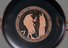 Attic red-figure cup with a bearded man offering a cockerel to a boy (courtship), c470 BC. Artist: Euaichme Painter