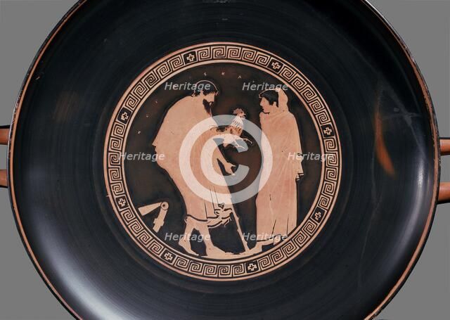 Attic red-figure cup with a bearded man offering a cockerel to a boy (courtship), c470 BC. Artist: Euaichme Painter.