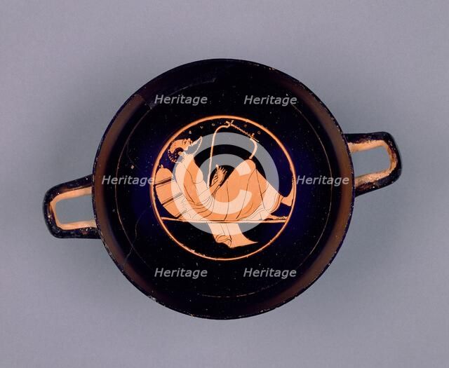 Attic Red-Figure Cup; Wine Cup with a Singing Reveler; Paleothodoros, Dimitris..., about 510 B. C. Creator: Epiktetos.