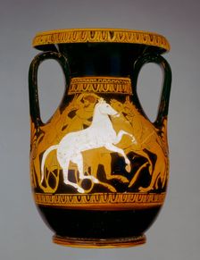 Attic red-figure pelike showing a charioteer attacked by a pair of griffins, Attic, 4th century BC. Artist: Amazon Painter