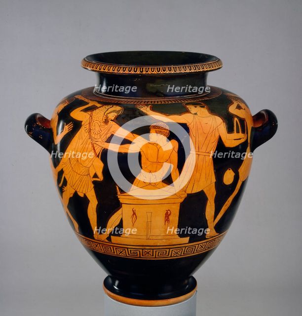 Attic red-figure stamnos showing Heracles and Busiris, c460 BC. Artist: Late follower of the Berlin Painter.
