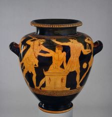 Attic red-figure stamnos showing Heracles and Busiris, c460 BC. Artist: Late follower of the Berlin Painter
