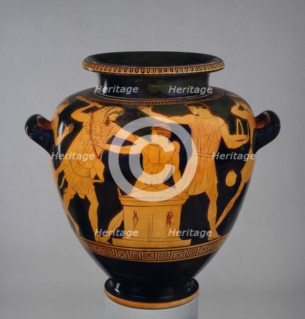 Attic red-figure stamnos showing Heracles and Busiris, c460 BC. Artist: Late follower of the Berlin Painter.